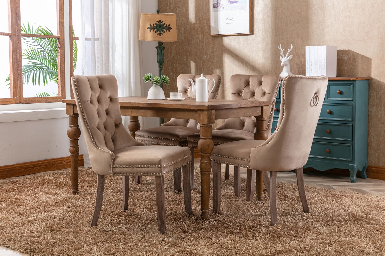 Gewnee 2 Piece Sets Modern High-end Tufted Solid Wood Khaki Velvet Upholstered Dining Chair with Wood Legs Nailhead Trim