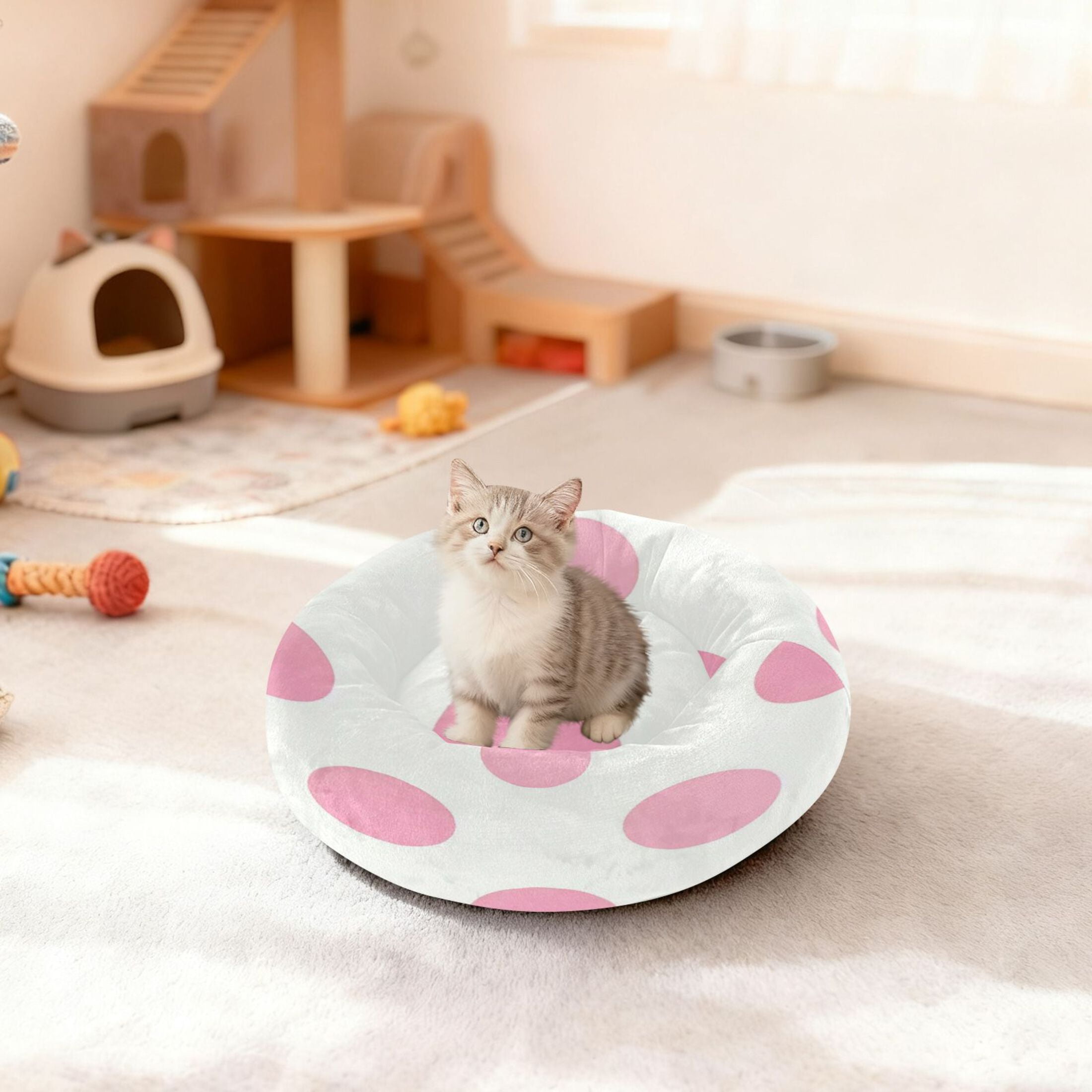 Iauyy Pet Couch Donut Cat Bed for Indoor Cats/Small Dogs Washable & Machine with Non-slip Bottom Calming Cat Furniture, The Pattern Of Dots (XS)