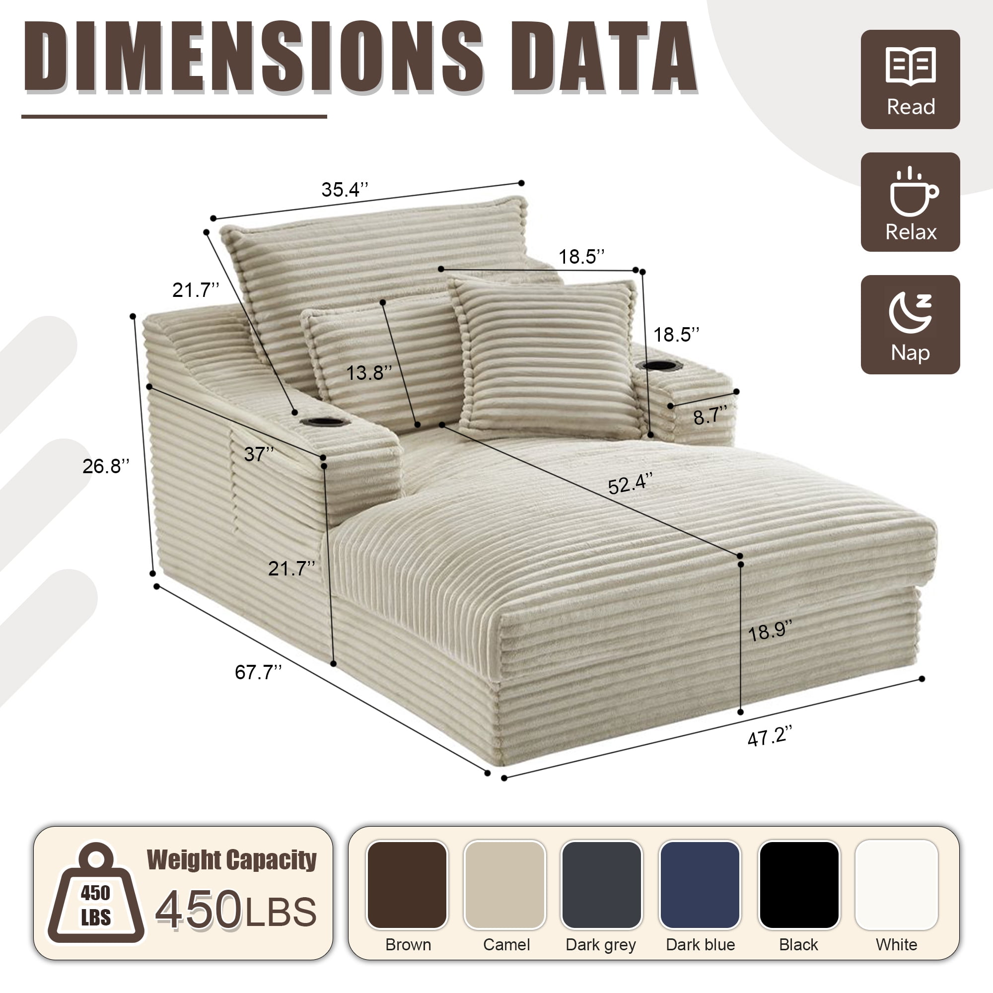 Kosynda 68"D Oversized Chaise Lounge Chair Indoor with Storage, Corduroy Upholstered Boneless Sleeper Sofa Bed with Cup Holder for Living Room, Bedroom, Blue