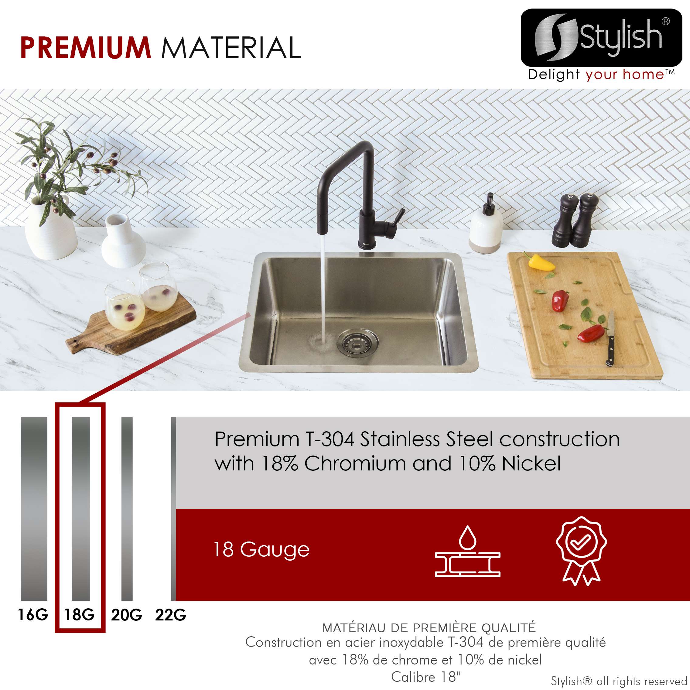 Stylish Dual Mount 23" Stainless Steel Single-Bowl Kitchen Sink with 1 Accessorie S-203T