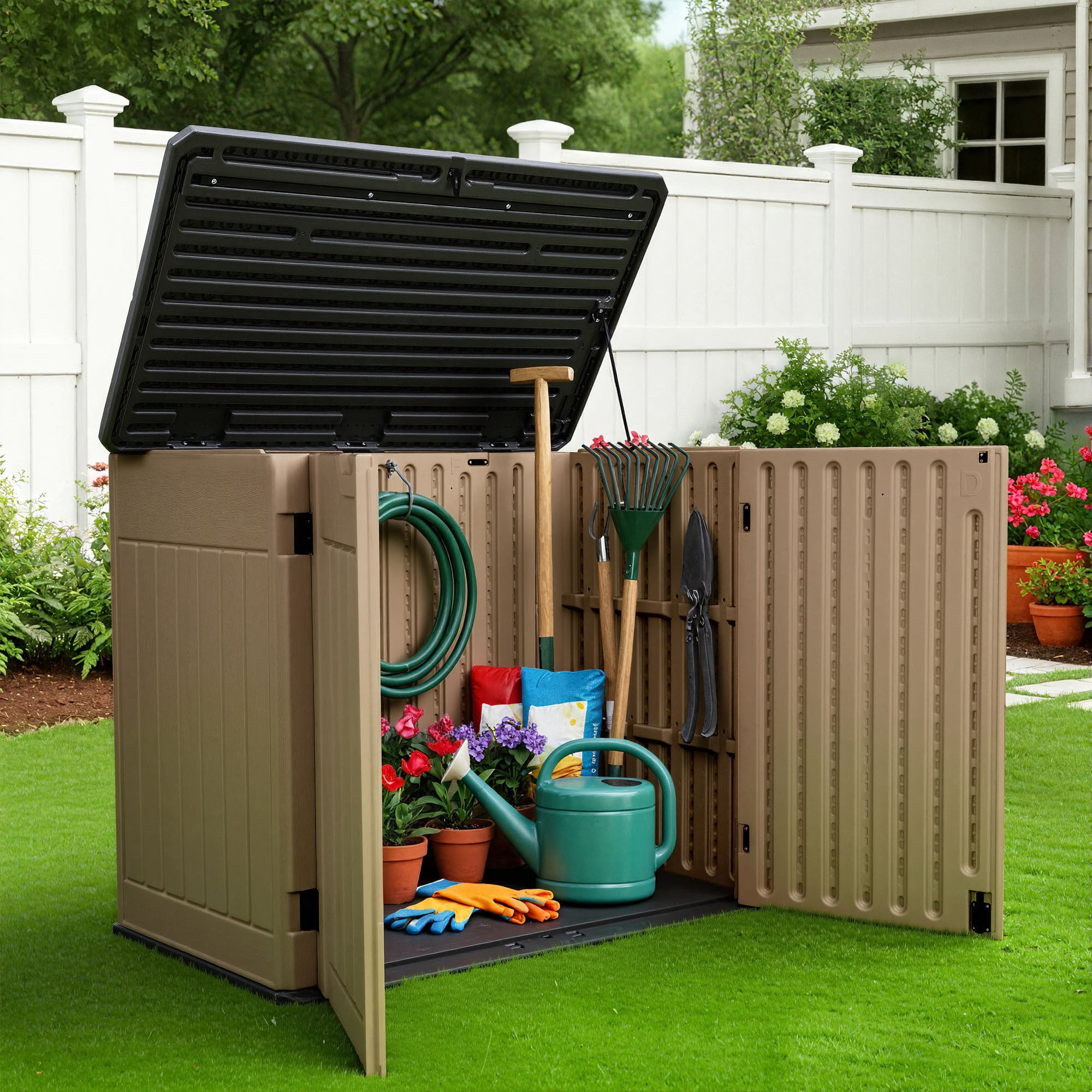 Uforic Large Outdoor Storage Shed, 47 Cu Ft Resin Tool Shed Without Shelves, Waterproof Storage with Built-In Floor for Trash Cans, Garden Tools and Lawn Mowers, Lockable Design, Brown + Black