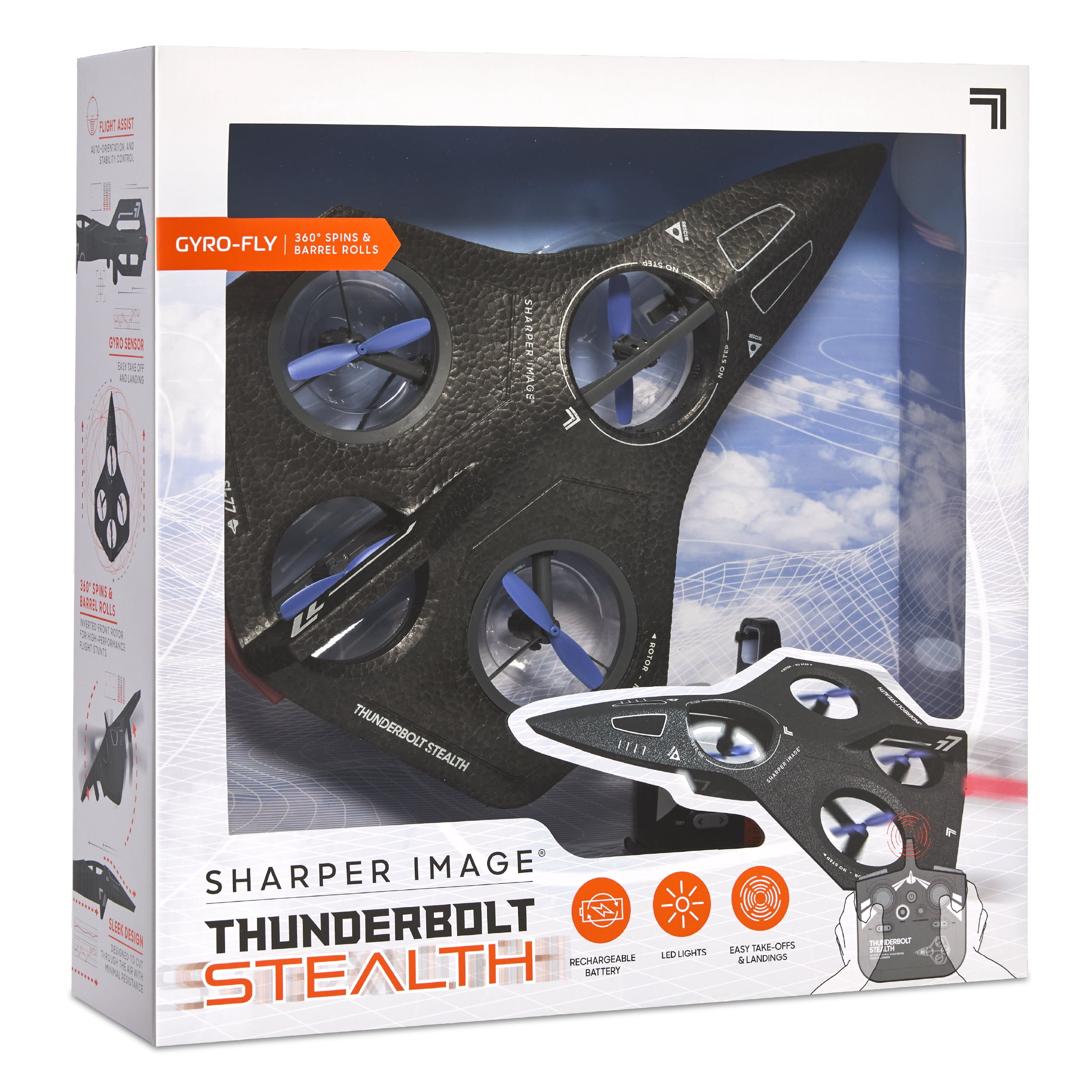 Sharper Image® Thunderbolt Stealth Drone, USB-C Rechargeable, Flight Assist & Gyro Sensor, Long Range Stunt Control
