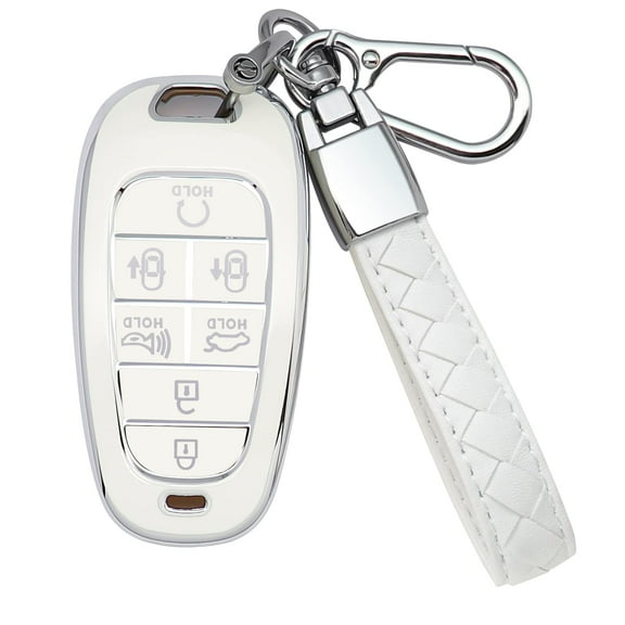 for Hyundai Key Fob Cover 7 Button with Leather Keychain Soft TPU 360 Degree Protection Car Key Case Shell Holder Fits for 2023 2022 2021 2020 Hyundai Sonata Santa fe Tucson