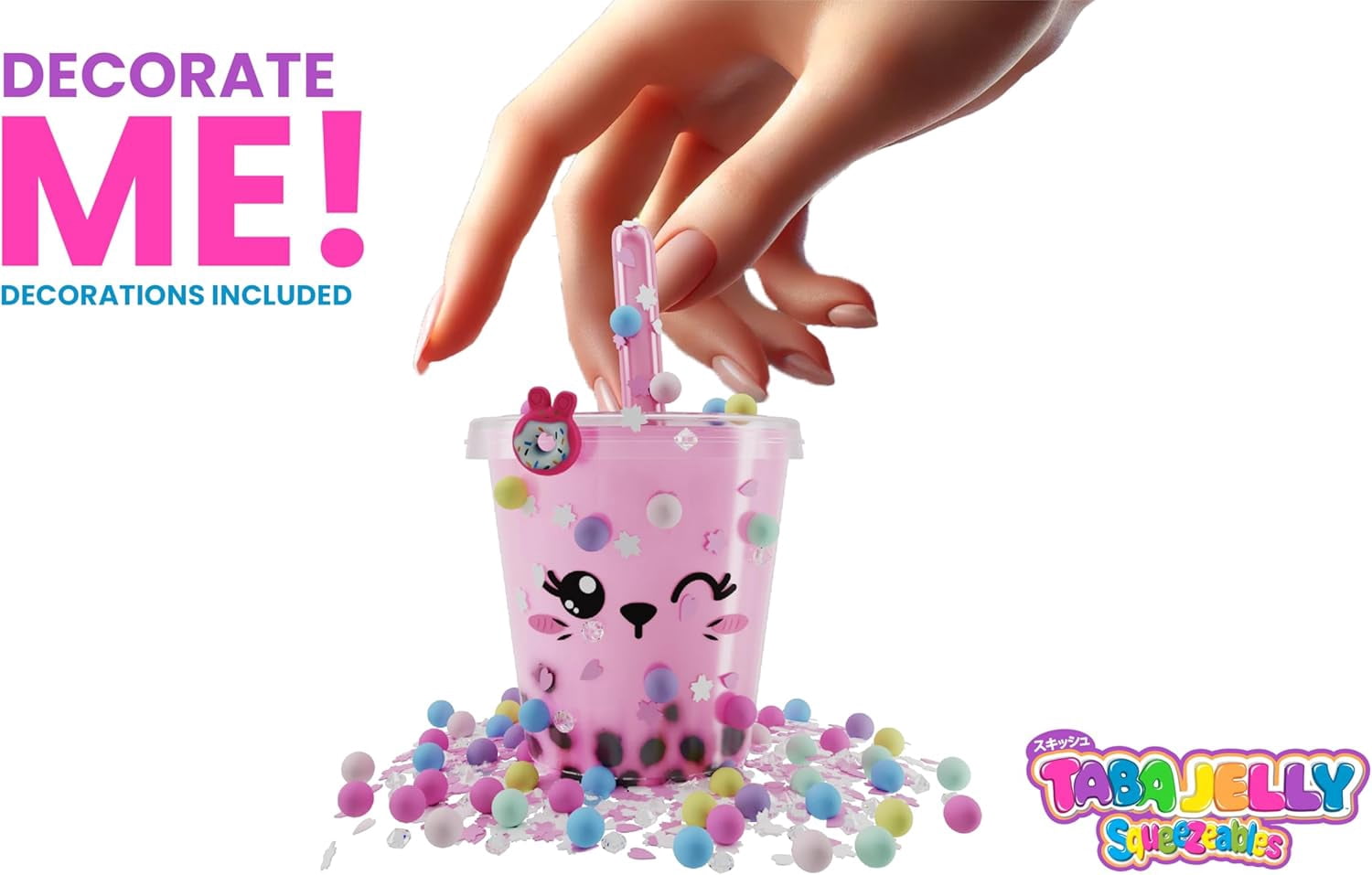 Squeezy Bubble Tea Cup Series 3 Bella Bobba, Pink Decorative Toy with Donut Charm, 1 Pieces