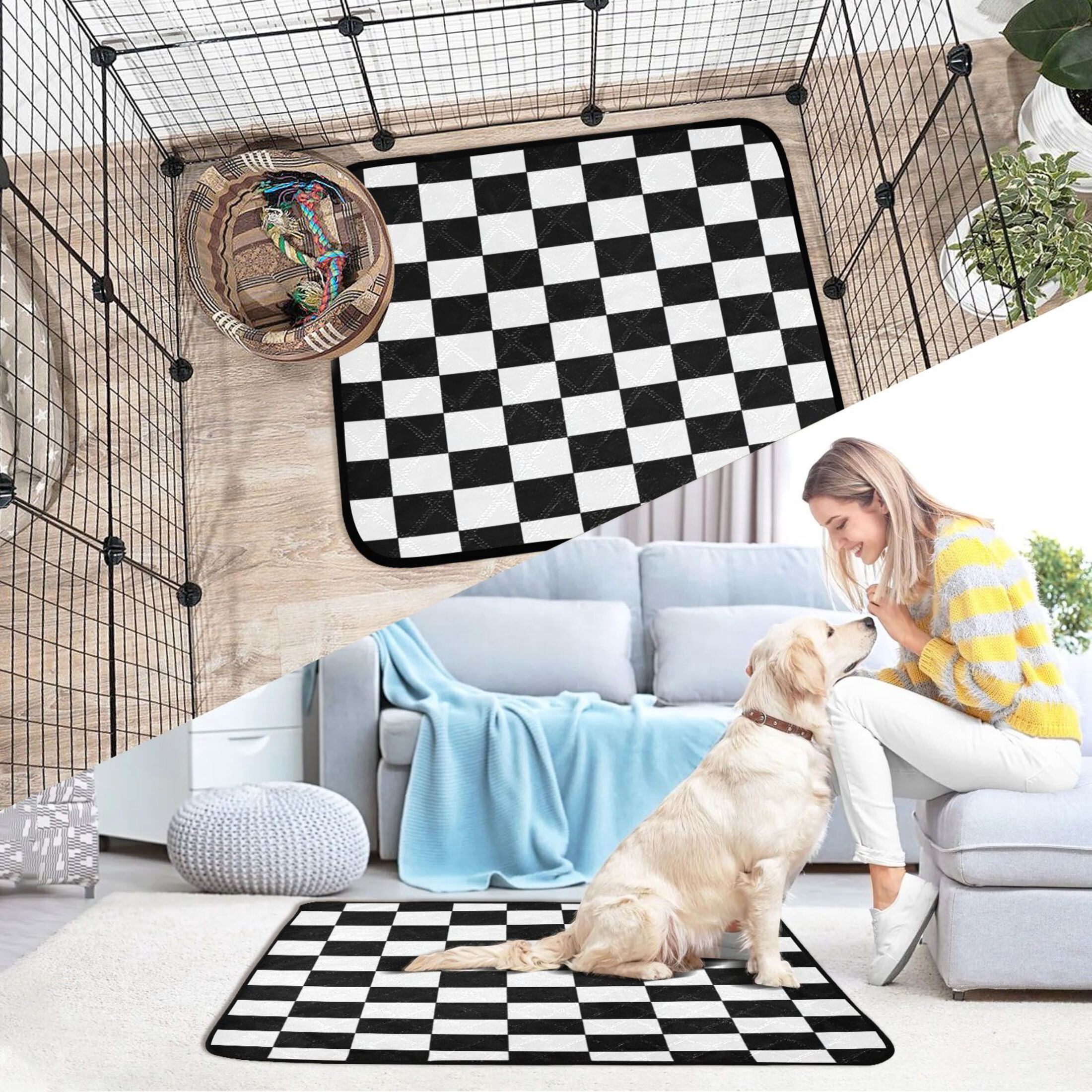 Washable Pet Pee Pads with Super Absorbent Reusable Training Pads for Dogs & Cats Black and White Check