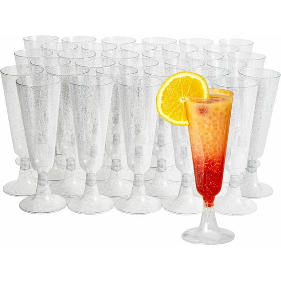 MATANA Silver Glitter 5oz Wedding Anniversary Reusable & Recyclable Plastic Champagne Flutes Set of 50