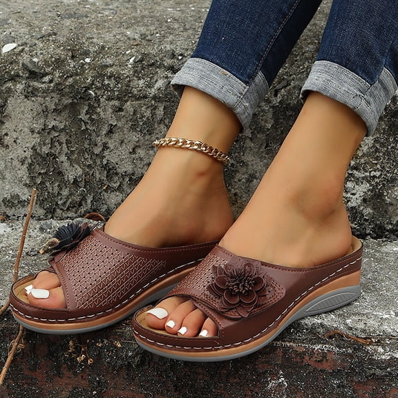 Bkhluea Women Wedge Slide Sandals Flower Decor Comfortable Shoes For Home Travel Casual Daily Outdoor Walking Activities