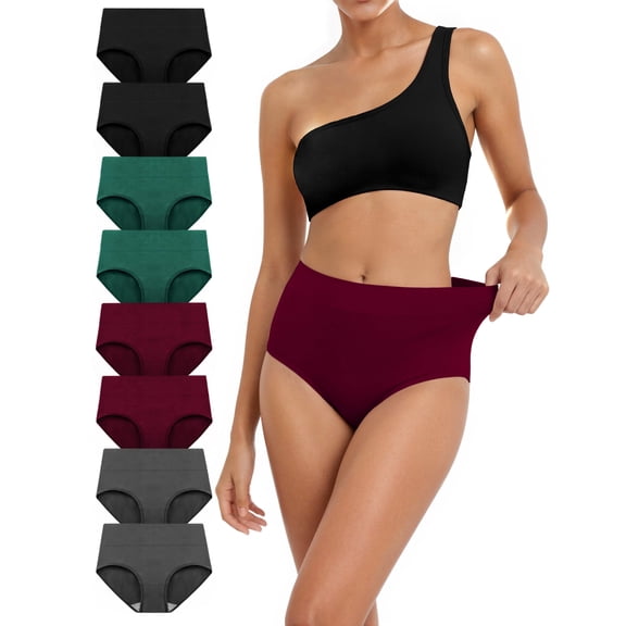 TIICHOO Women's Panties Cotton High Waisted Briefs Full Coverage Underwear Women Pack of 8(M, 2 Black/2 Grey/2 Burgundy/2 Green)