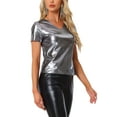thumbnail image 4 of INSPIRE CHIC Women's Top Party V Neck Short Sleeve Glitter Shiny Metallic Top M Dark Silver, 4 of 6