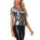 thumbnail image 4 of INSPIRAR CHIC Blusa de Mujer Fiesta Cuello en V Manga Corta Brillante Top Metálico S Plata Oscura, 4 of 6