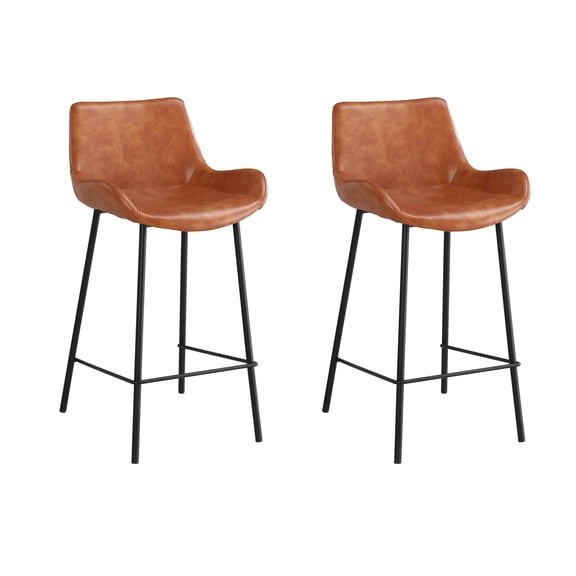 Passy's Leather Kitchen Island Bar Stool with Armrest in Orange - Set of 2