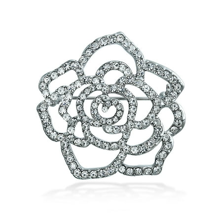 Rose Silver Tone Brooch - Large Rose Flower Shape Open Pave Crystal Wedding Brooch Pin For Women Silver Tone Rhodium Plated Brass
