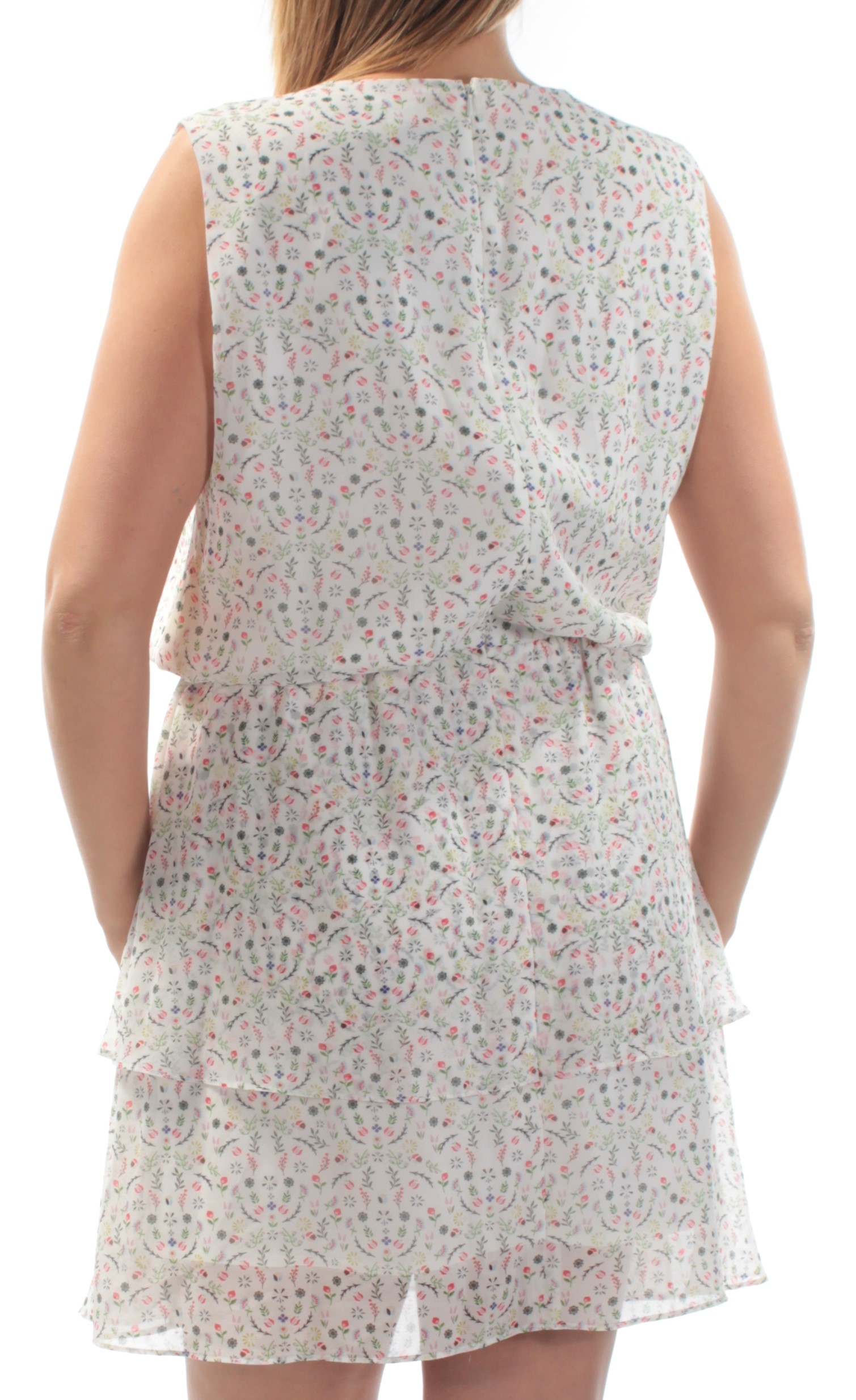 CYNTHIA ROWLEY Womens White Floral Sleeveless Jewel Neck Above The Knee Fit + Flare Dress L - image 4 of 4