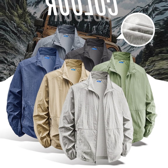 Zivyakyron Hiking Men's Rain Jacket Quick Dry Zip up Lightweight Windbreaker Performance Long Sleeve Loose Jackets Solid Gray 4XL