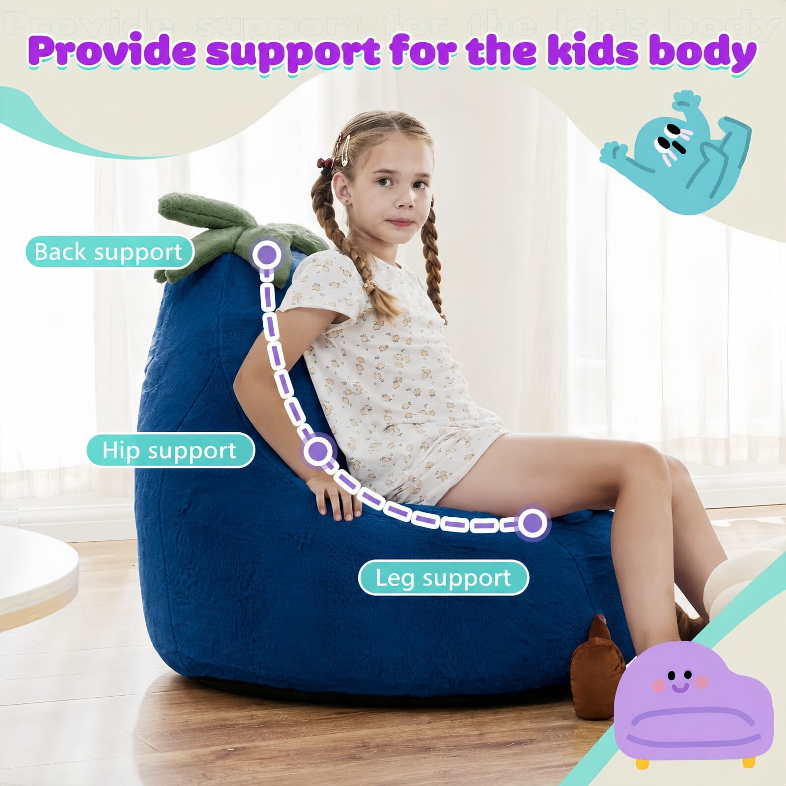Kelno 31" Kids Bean Bag Chair Faux Rabbit Fur Lazy Chair Toddler Couch, Dark Blue