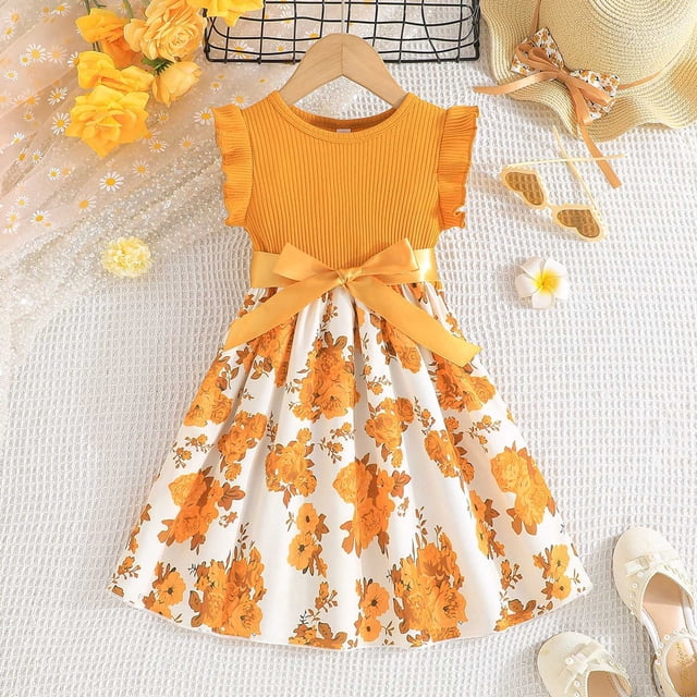 Robes pour Fillettes Manches à Volants Robe d'Été Évasée à Volants Robe Princesse pour Filles