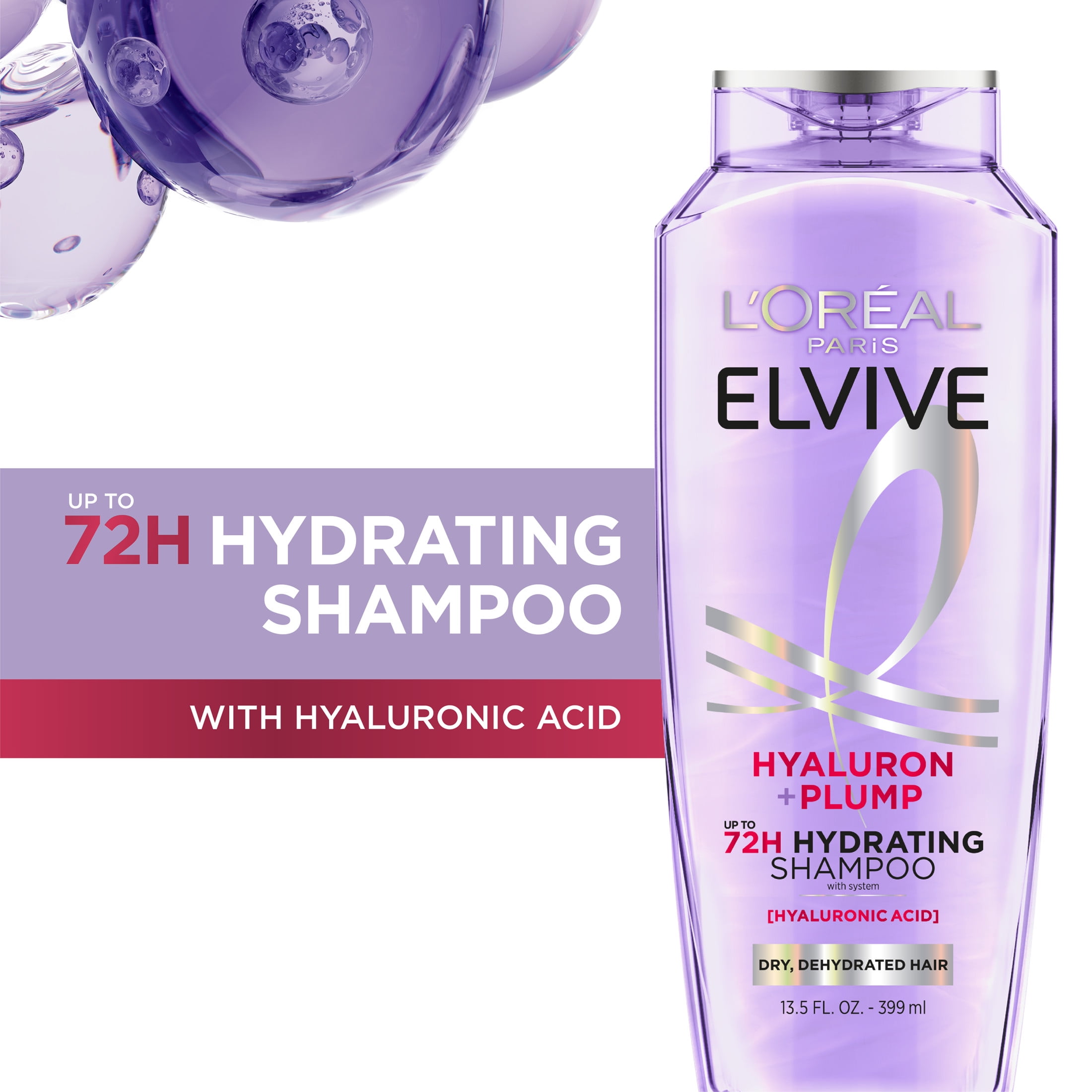 L'Oreal Paris Elvive Hyaluron Plump Hydrating Shampoo, 72H Intense Moisture, Squeeze, 13.5 fl oz