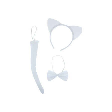 Lux Accessories Plain White Cat Ears Tail Bowtie Costume Set Halloween Party