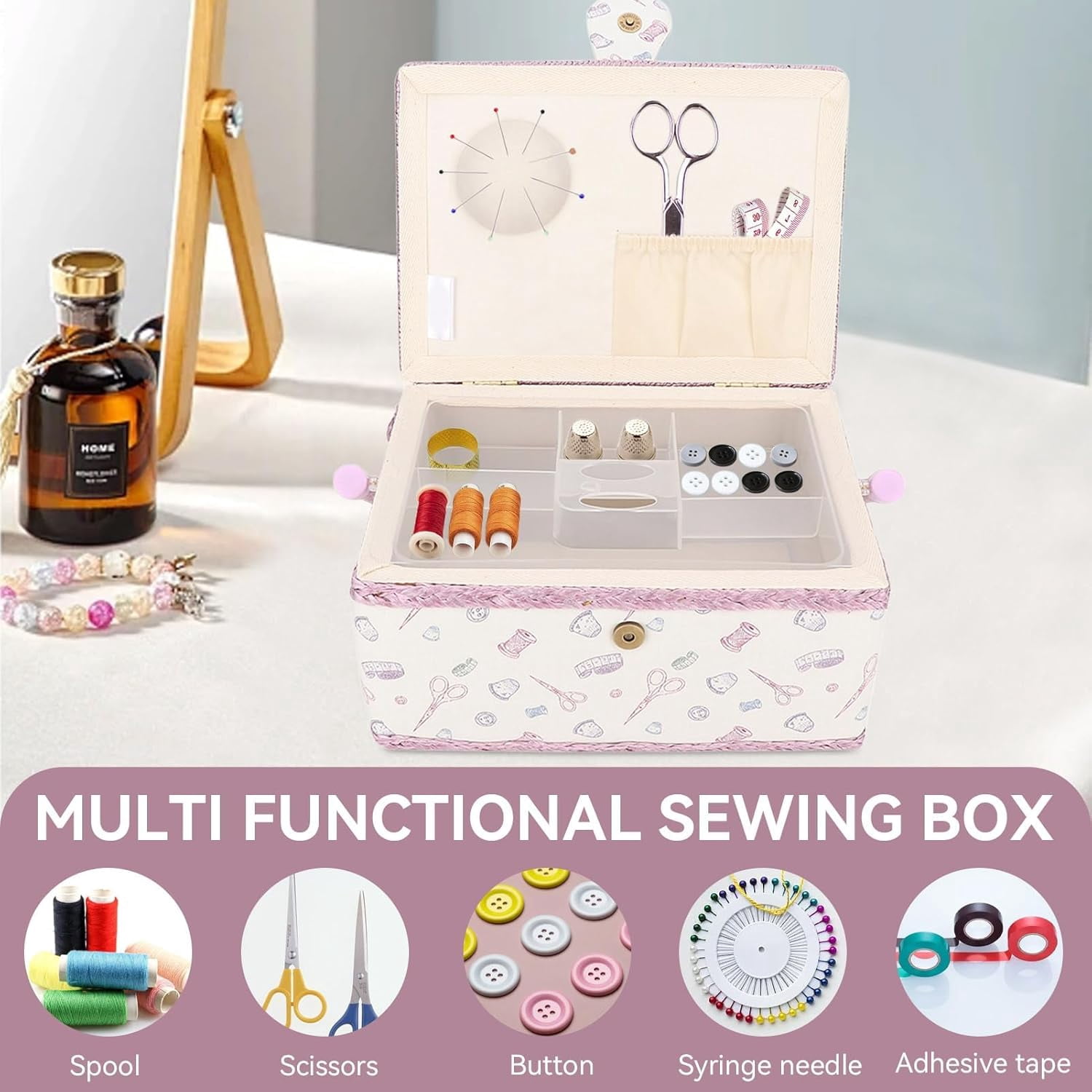 Sewing box, Classic organizer for fabric sewing supplies,Large storage box for craft accessories and embroidery， 24 x 18 x 13 cm