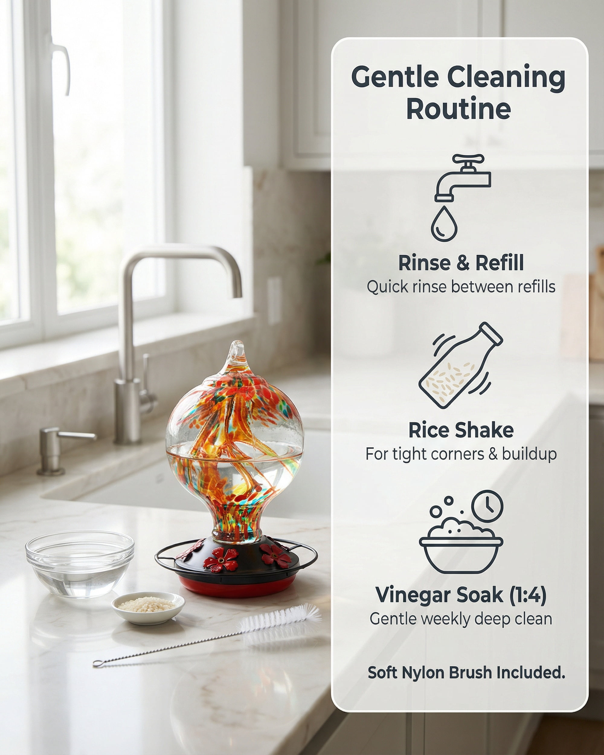 Novoto Hummingbird Feeder for Outdoors Hanging, 34 Oz, Hand Blown Gift Inner Glass Décor for Garden, Ant Moat & Bee-Resistant Ports, Decoration Stained Humming Bird Feeders, Sunset Red