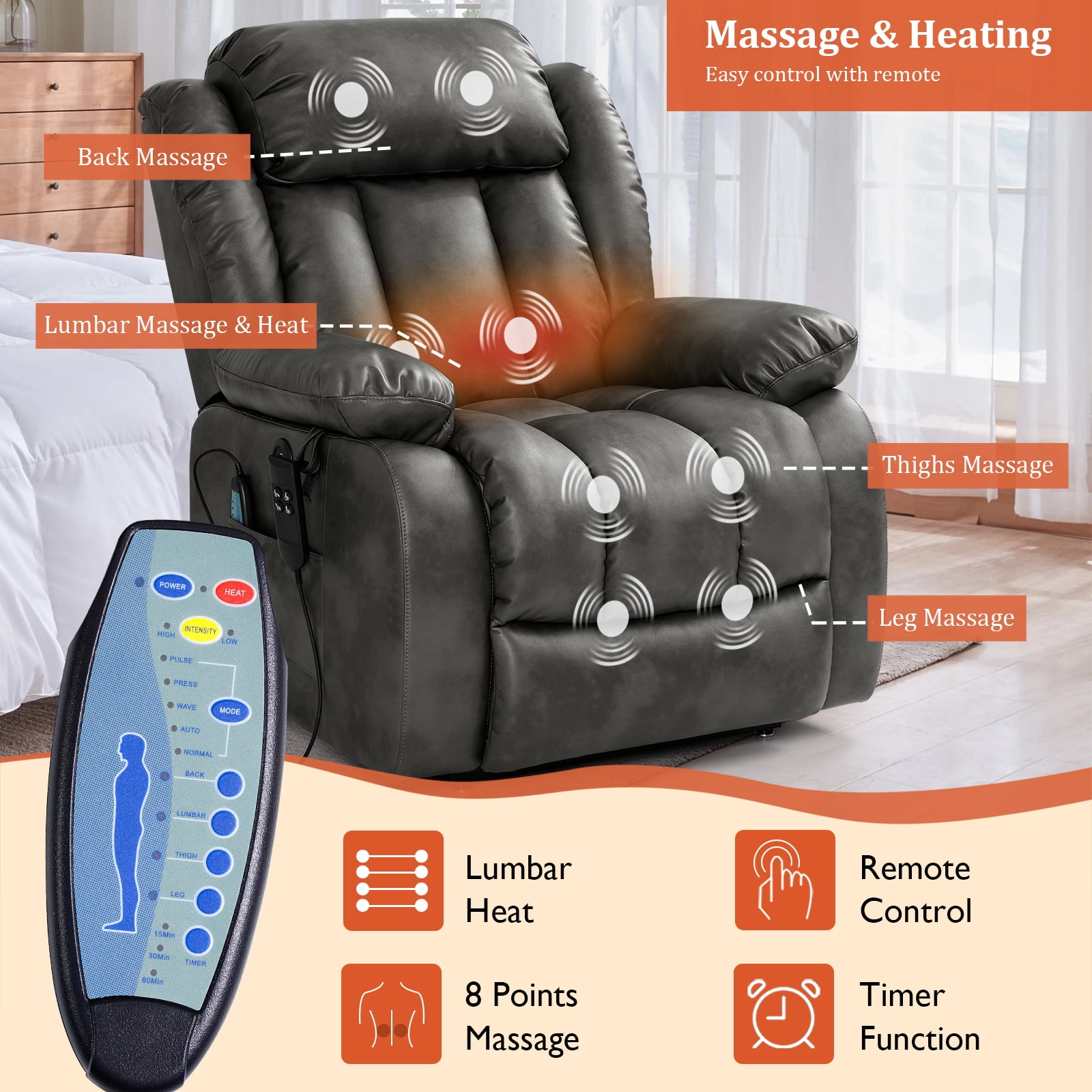 TEKAMON Infinite Position Lift Recliner Chair for Elderly with Heat and Massage Lay Flat Sleeping Leather Dual Motor Power Lift Chair for Living Room (Grey)