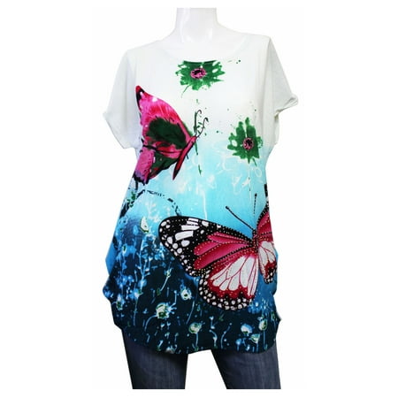 Pink Butterfly Hard Graphic - Blue Fade Women's Shirt With Pink Butterfly Graphic (M/L)
