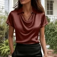 thumbnail image 2 of HomeDM Women's Short Sleeve Business Shirts, Satin Silk Cowl Neck Button Down Solid Color Casual Office Work Tunic Tops, Wine, 2 of 8