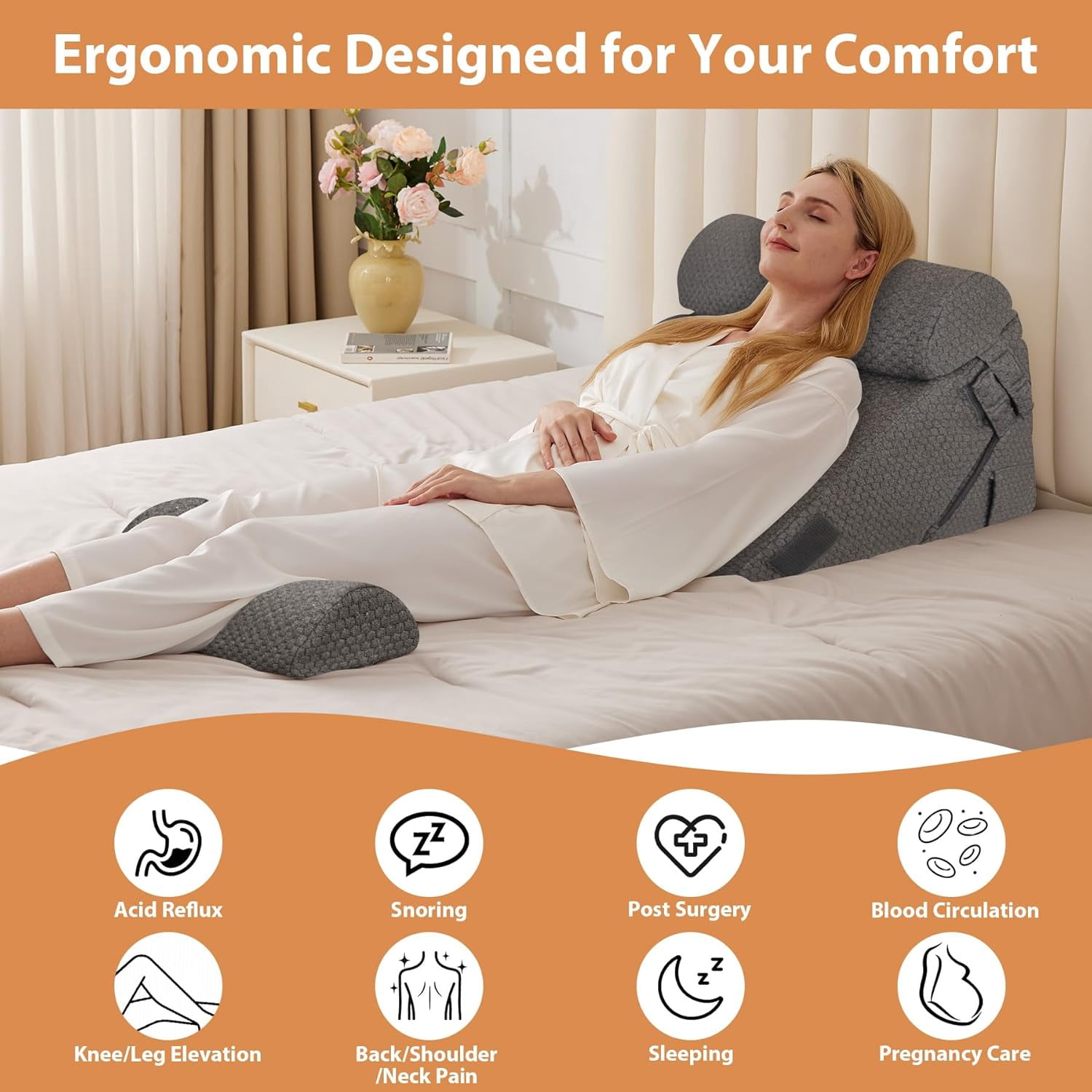 Adjustable Memory Foam Wedge Pillow Set for Sleeping, Acid Reflux & Post-Surgery Support, Orthopedic Bed Wedge for Neck and Back, 9 & 12 Inch, White/Grey