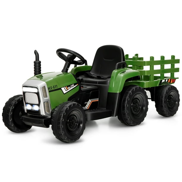 Costway Tractor para niños de 12 V con remolque, cargador de tierra con control remoto y luces, color verde oscuro