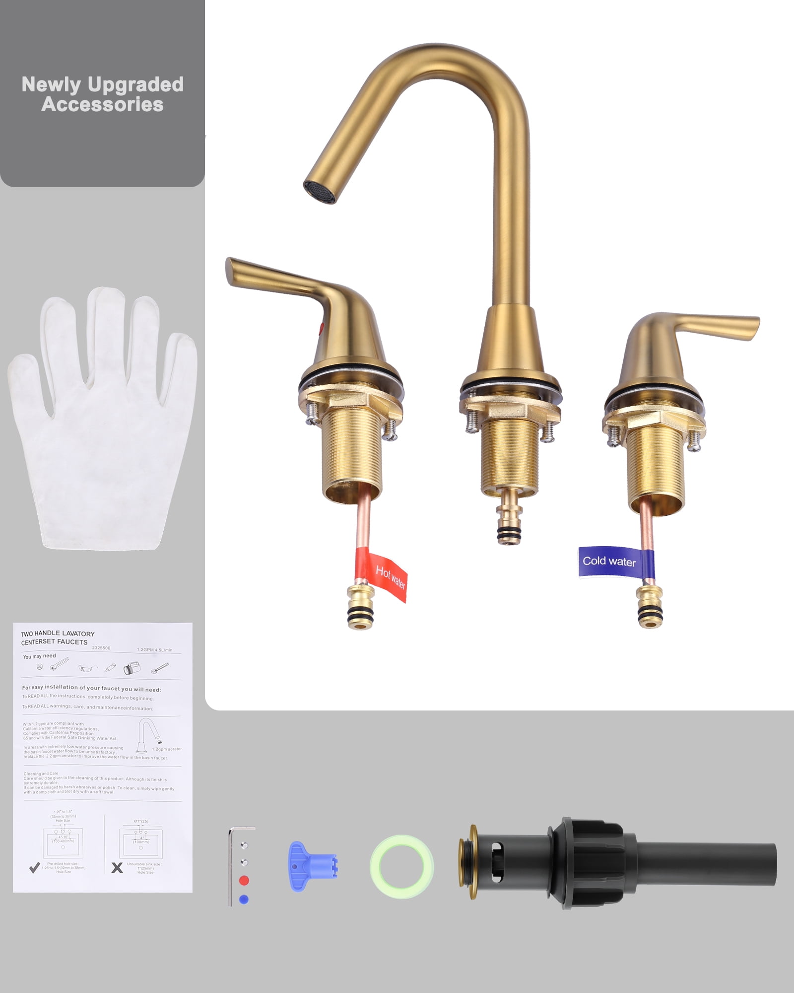 WOWOW Widespread Bathroom Faucets for Sink 3 Hole Gold, 8 inch Bathroom Faucet with Pop Up Drain Assembly and Water Supply Lines 2 Handle 360° Swivel Spout Basin Faucets for Vanity Lavatory