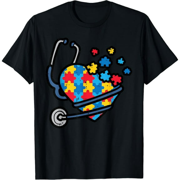Autism Awareness Nurse Stethoscope Heart ASD Scrub Top Women T-Shirt