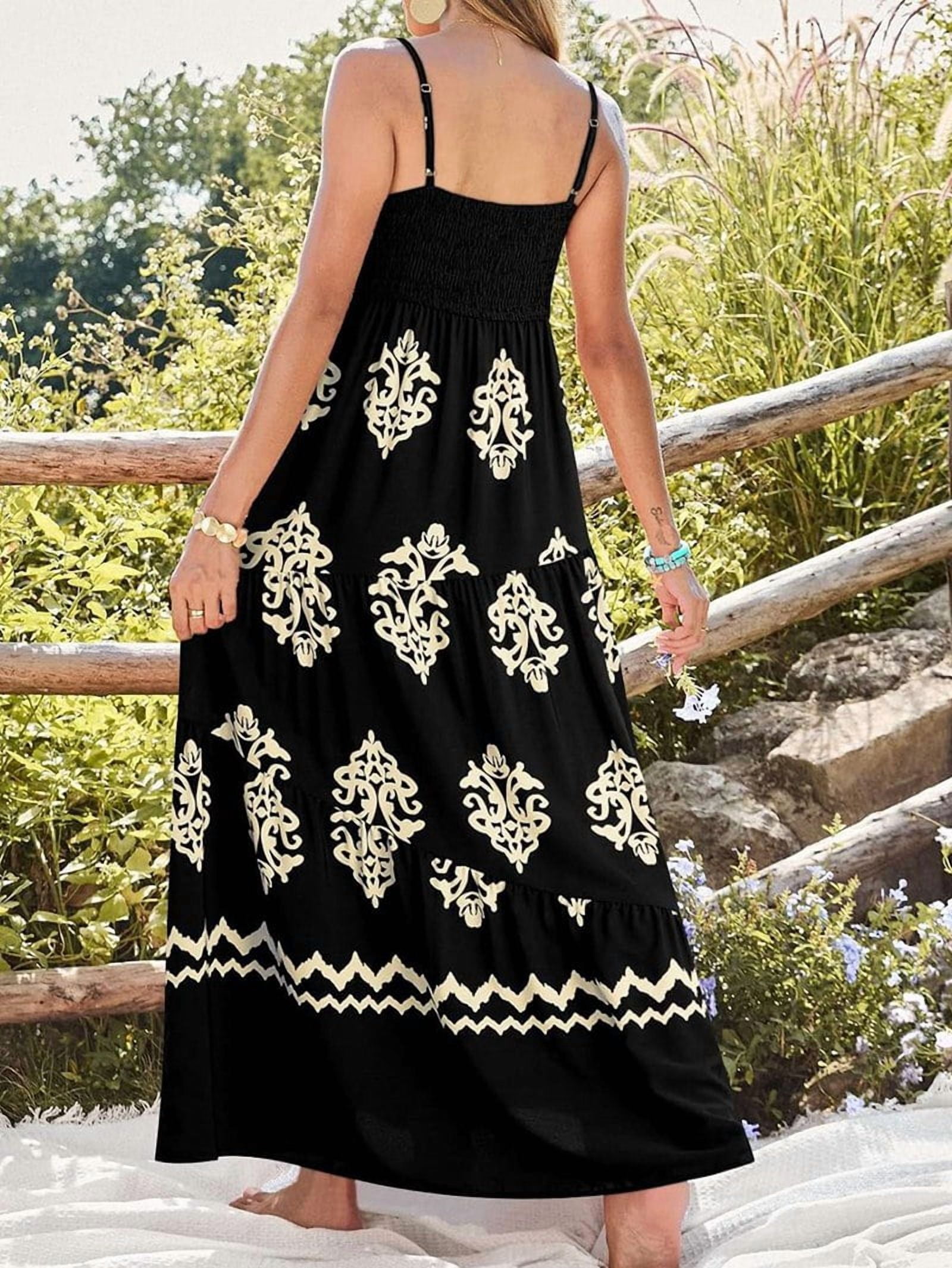 Summer Dress Casual Womens Boho Dress Sleeveless Printed Long Tiered Maxi Dress Beach Dress Black M