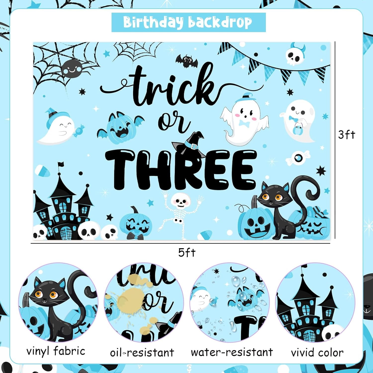 Jollyboom Halloween 3rd Birthday Party Decorations Boy, Trick Or Three Birthday Decoration Backdrop Balloon Garland Kit Number 3 Foil Balloon Blue Black for Boy Trick Or Treat Three Spirit Party