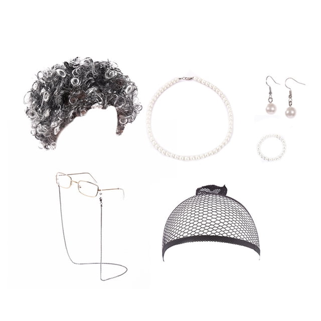 Peluca Vieja Señora Peluca Cosplay Abuela Viejo Traje de la señora para las mujeres Peluca de la abuela Gorra Gafas Cadena Collar de Perlas Pendiente Pulsera(7 )