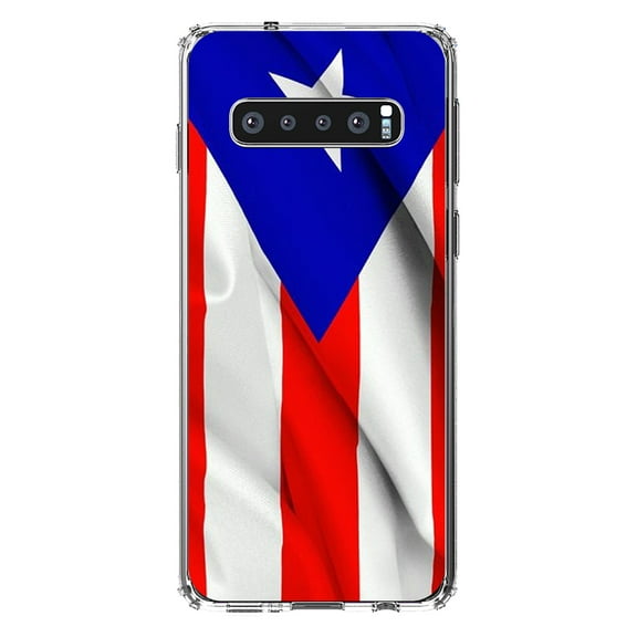 DistinctInk Clear Shockproof Hybrid Case for Samsung Galaxy S10 (6.1" Screen) - TPU Bumper, Acrylic Back, Tempered Glass Screen Protector - Red White Blue Puerto Rico Flag