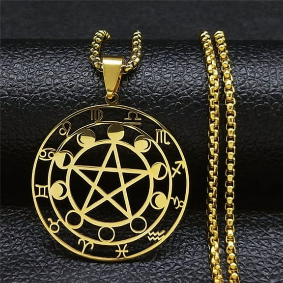 Witchcraft 12 Constellations Pentagram Astrology 14K Yellow Gold Chain Necklaces Silver Color Necklaces Jewelry bijoux