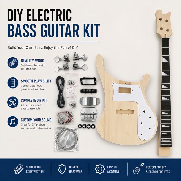 4-String DIY Bass Guitar Kit Basswood Body Maple Neck Rosewood Fingerboard Chrome Hardware