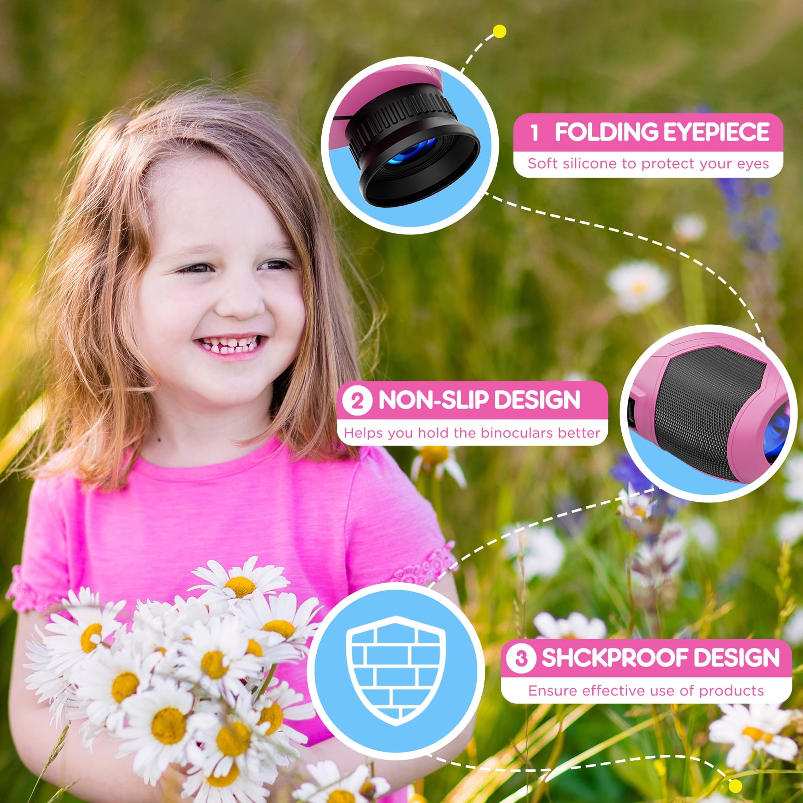 BNISE 10x25 Compact Binoculars for Adults and Kids-Small Binoculars for Travel Bird Watching Waterproof/Easy Focus/High Powered/ Low Light Vision-Pink