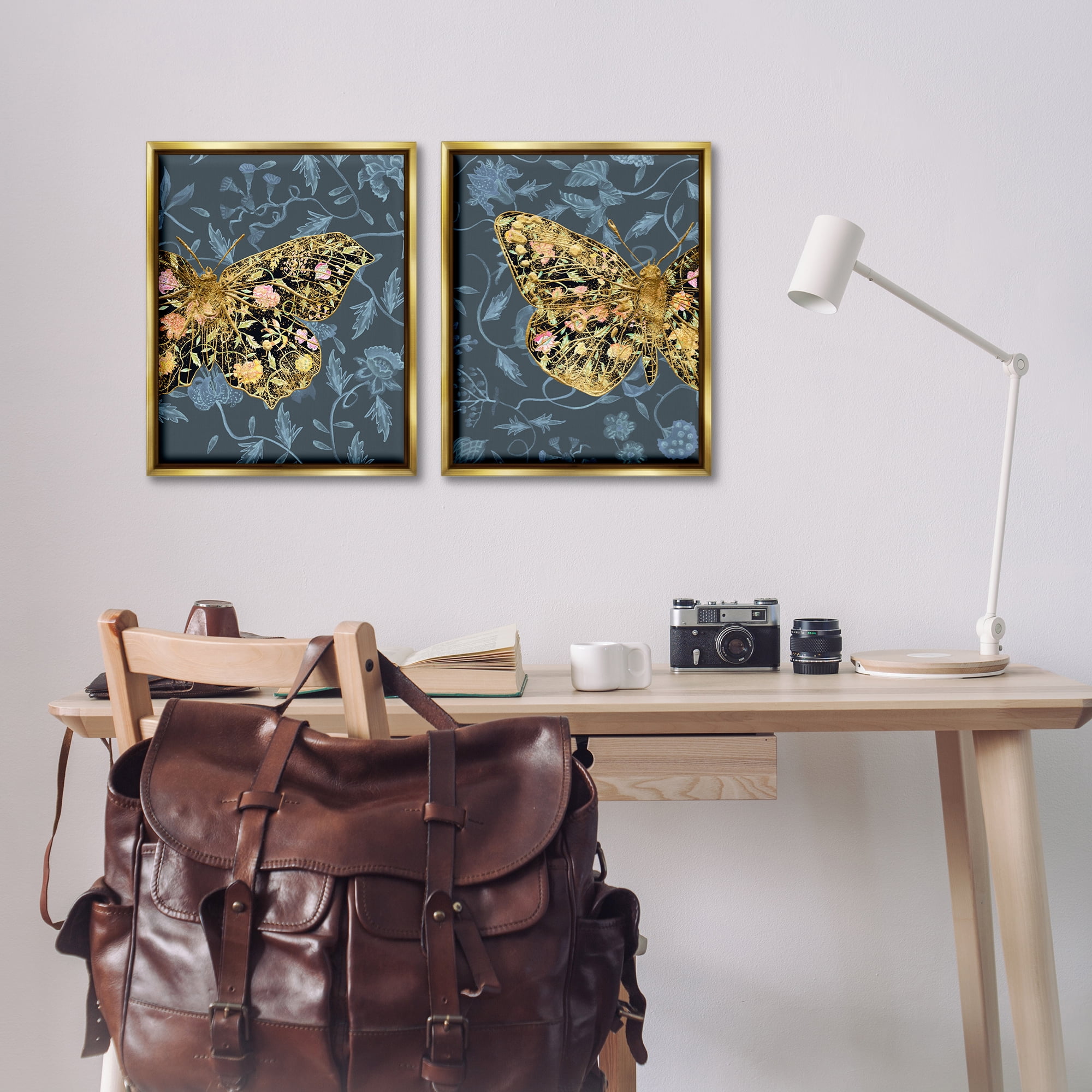 Stupell Industries Gold Winged Black Moth Floral Animals Painting Gold Floater Framed Canvas Art Print Wall Art, 17 x 21, Set of 2