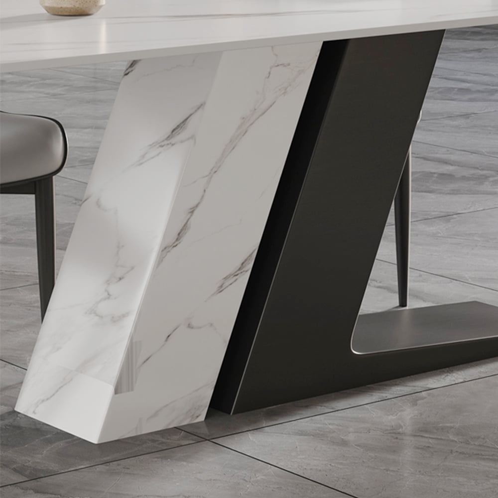 POVISON 63"Modern Luxury White Rectangular Dining Room Table for 4, Glossy Sintered Stone Tabletop, White and Black Z-shaped Stainless Steel Base