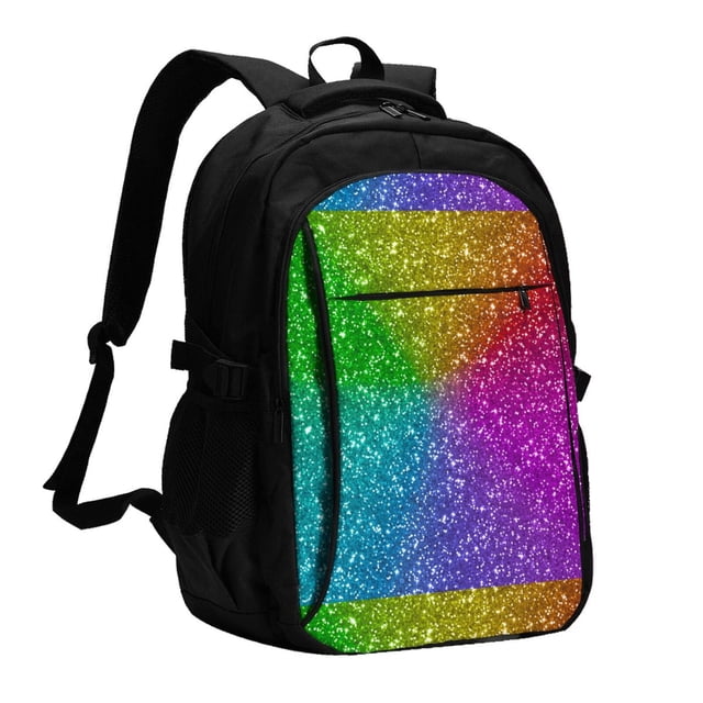 Balery Colorful Glitter Mochila con carga USB para hombre y mujer - Mochila impermeable y antirrobo para portátil con puerto USB para viajes, trabajo, estudios y universidad