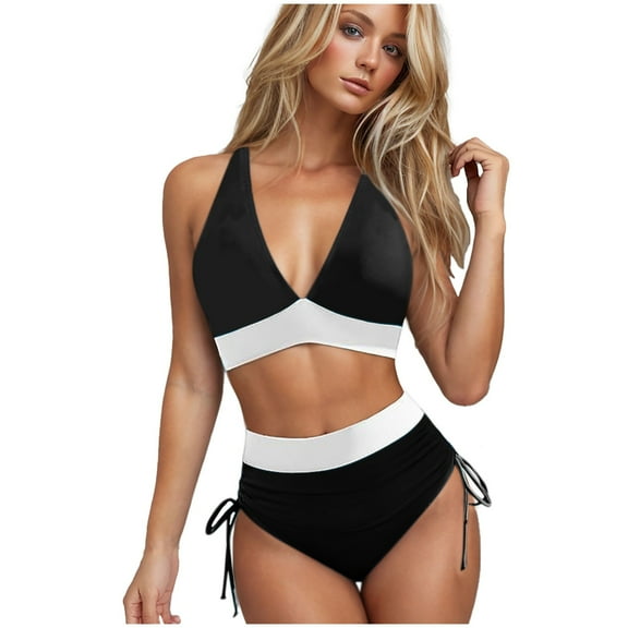 Arnsht Women High Waisted Bikini Sets Tummy Control Swimsuits Color Block Two Piece Drawstring Bathing Suit Black XXL