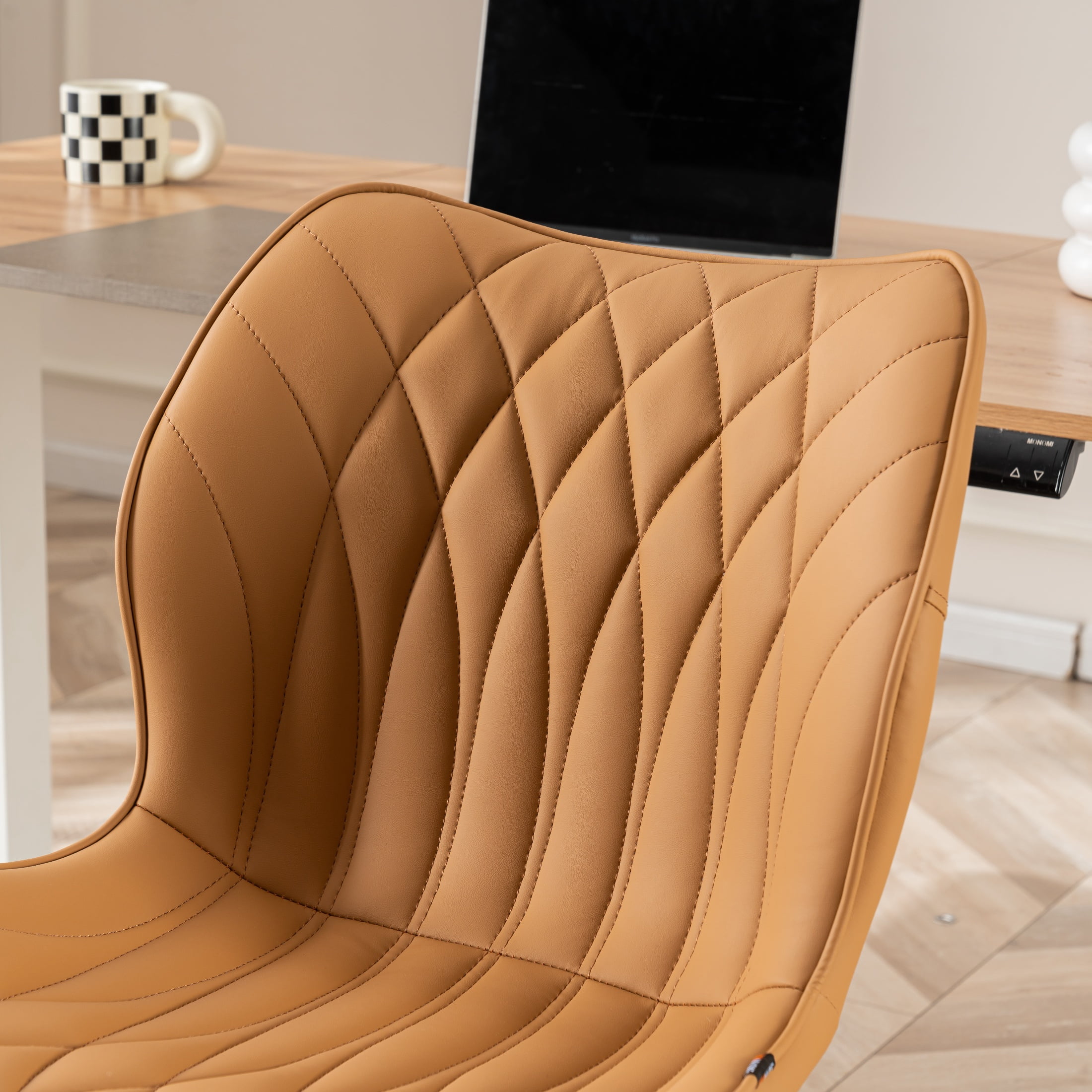 Kidol & Shellder PU Leather Desk Chair, Adjustable Swivel Office Chair, Upholstered Modern Task Chair with Wheels, Ergonomic Swivel Chair, High Back Chair, Camel