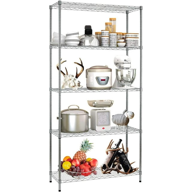 Storage Metal Shelf 5 Tier Wire Shelving Unit Standing Shelf Units Heavy Duty Garage Shelving with Feet Levelers 1250Lbs Capacity Adjustable Commercial Shelving Kitchen Rack, Silver