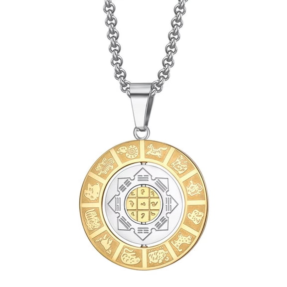 PAURO Men's Stainless Steel Vintage Creative Rotatable 12 Zodiac Gossip Pendant Necklace with Chain