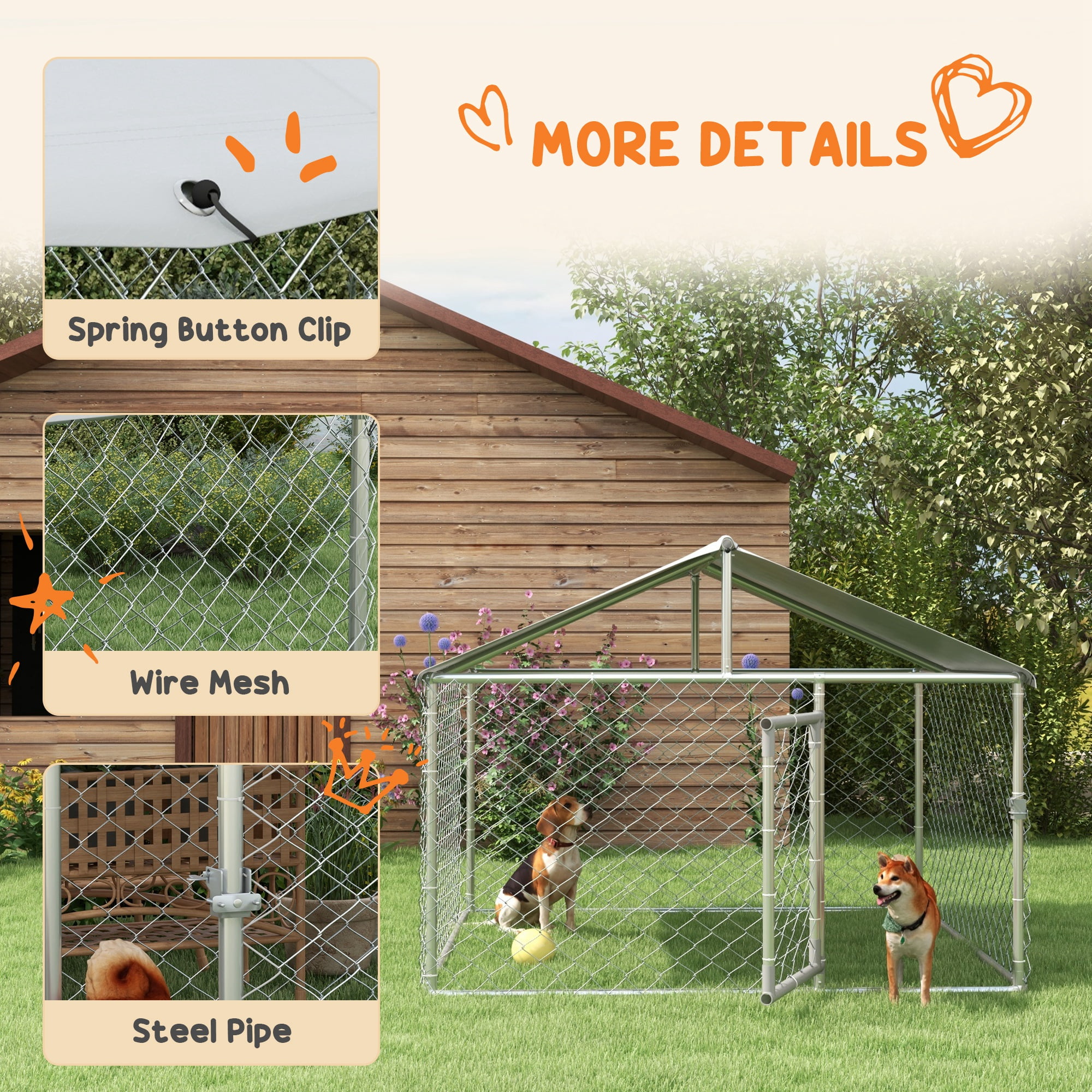 Large Outdoor Dog Kennel, Heavy Duty Galvanized Chain Link Dog Run with Waterproof Cover & Secure Lock