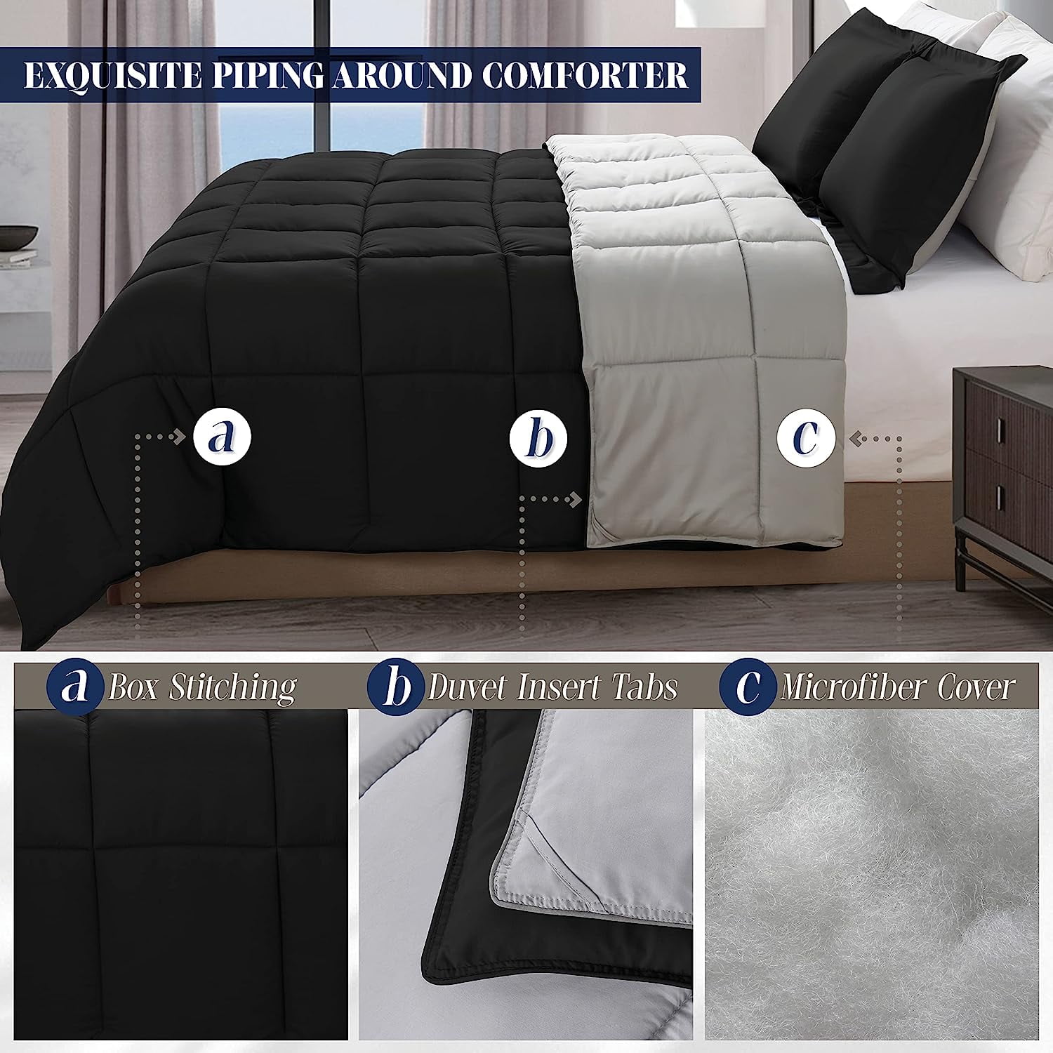 Mocassi Reversible 3-Piece Comforter Set with Matching Shams, Two Colors in One for Ultimate Versatility and Style, Twin/TwinXL, Black/Silver