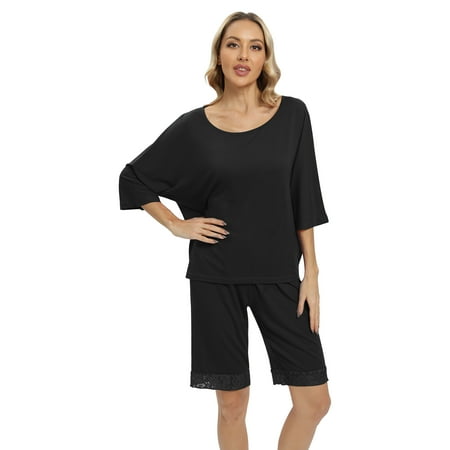 

WBQ Women s 3/4 Sleeve Lounge Sets O Neck Top and Shorts 2 Piece Pajama Set