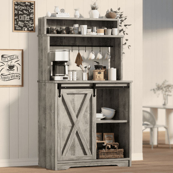 Farmhouse Coffee Station with 3 Tier Storage Hutch & 6 Hooks - 56 Inch Small Coffee Bar Table with Adjustable Shelves for Living/Dining Room, white