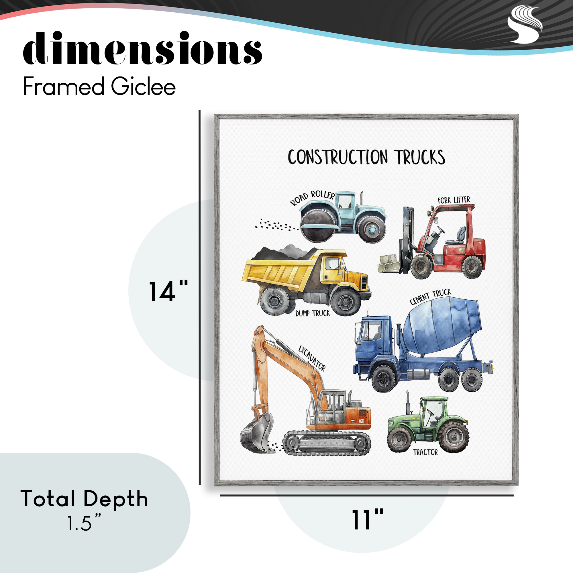 Construction Trucks Machinery Gray Framed Giclee Art, design by Christine Simpson Art